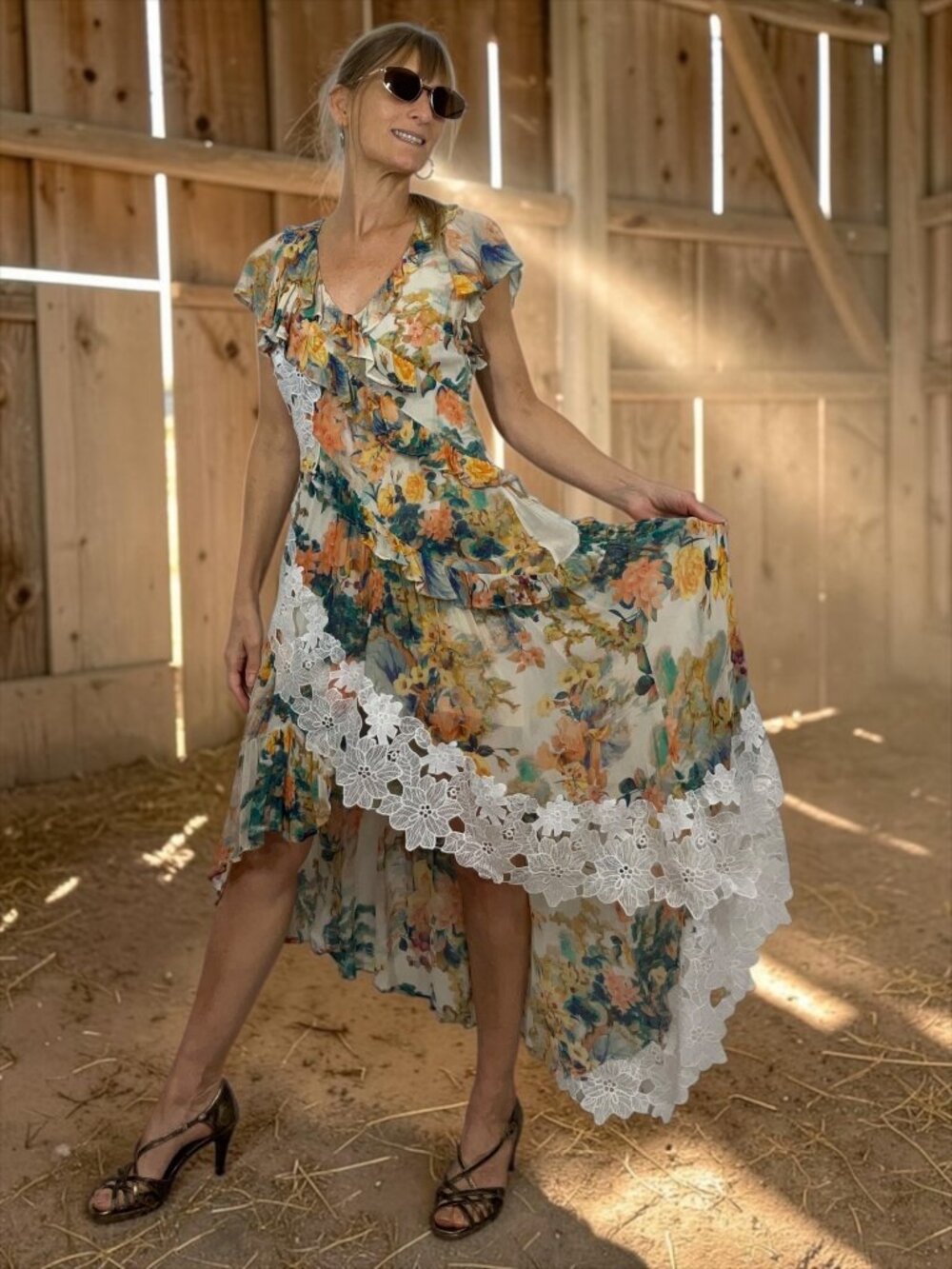 Anthropologie V-Neck Ruffle Lace Slip Dress 4 Floral Asymmetrical Hem